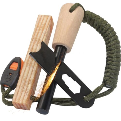 1/2" Fire Steel, Ferro Rod w/Wood Handle, Striker, Fatwood Stick & Lanyard - Image 2