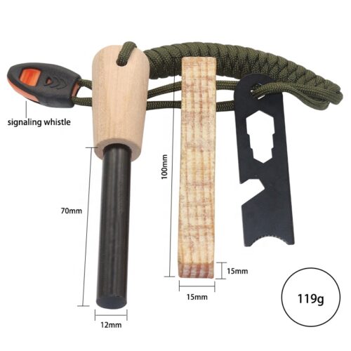 1/2" Fire Steel, Ferro Rod w/Wood Handle, Striker, Fatwood Stick & Lanyard - Image 4